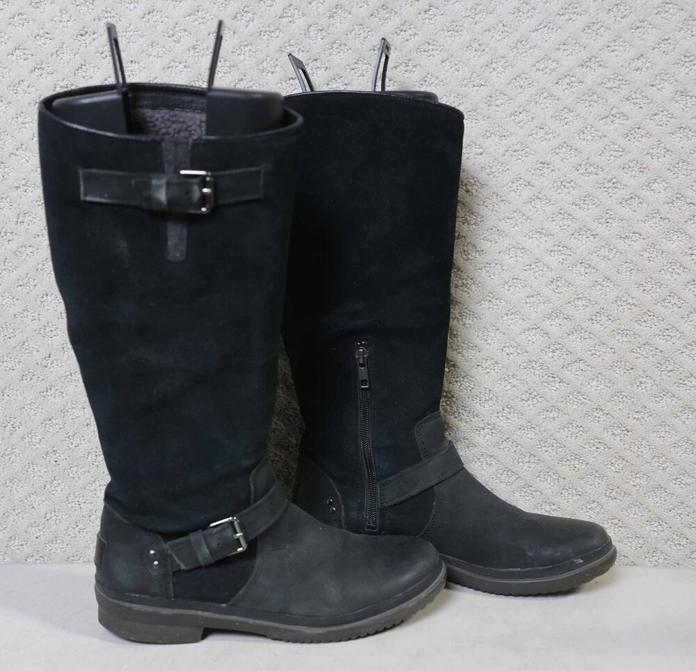 UGG Waterproof Black Suede Leather Tall Riding Motorcycle Boots Women's Size 7.5